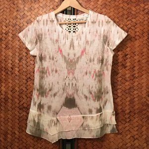 Cleo Crochet Back Boho Tee M Medium Blue White Cap Sleeve Cotton Top